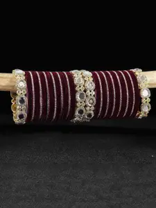LAVAZZA Set of 58 Gold-plated Zircon & Kundan-Studded Metal Velvet Bangles Chuda Set