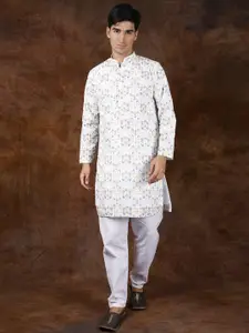 Exotic India Geometric Printed Mandarin Collar Pure Cotton Straight Kurta with Pyjamas