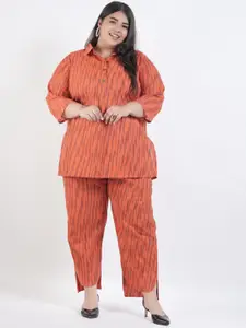 LastInch Plus Size Printed Pure Cotton Top With Trousers Co-Ords