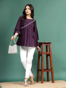 Sangria Floral Embroidered Pleated Top