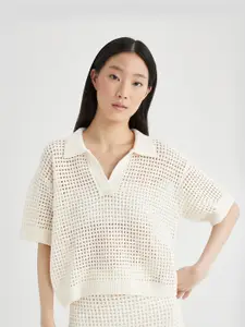 DeFacto Self Design Shirt Collar Knitted Shirt Style Top