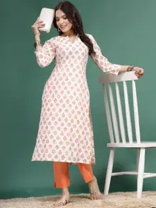 Sangria Floral Printed Cotton Notch Neck Straight Kurta
