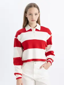 DeFacto Striped Polo Collar Pure Cotton Casual T-shirt