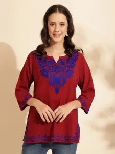 QUEENLEY Floral Embroidered Pure Cotton Kurti