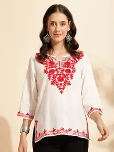 QUEENLEY Floral Embroidered Round Neck Three-Quarter Sleeves Pure Cotton Kurti