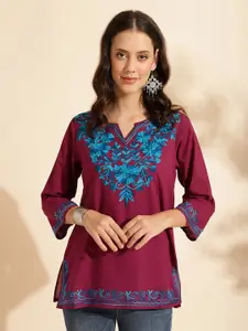 QUEENLEY Floral Embroidered Notch Neck Pure Cotton Straight Kurti