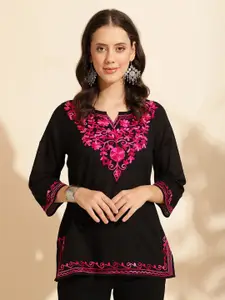 QUEENLEY Floral Embroidered Round Neck Three-Quarter Sleeves Pure Cotton Kurti