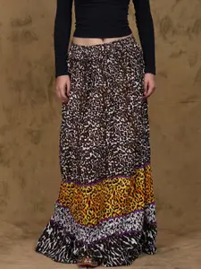Exotic India Leopard Sports Printed Tired Maxi Skirts