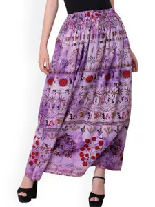 Exotic India Folk Printed Pure Cotton Flared Maxi  Skirts