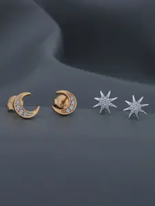VANBELLE Set Of 2 925 Sterling Silver CZ Stars & Moon Shaped Studs