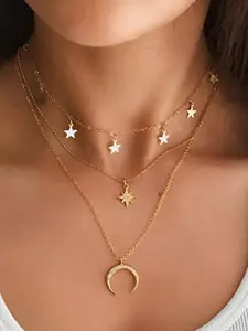 Goho Gold-Plated Star Shaped Layered Pendant with Chain