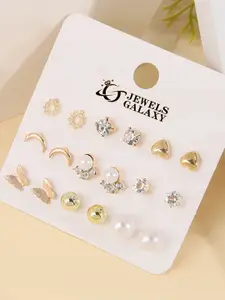 Jewels Galaxy Set Of 9 Gold-Plated Crystals Studded Contemporary Studs Earrings