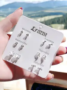 Jewels Galaxy Set Of 6 Silver Plated Crystals Studded Contemporary Studs Earrings