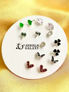 Jewels Galaxy Set Of 7 Silver Plated Crystals Studded Contemporary Studs Earrings