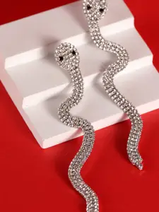 DressBerry White Silver-Plated Snake Shaped Rhinestone Drop Earrings
