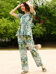 Siya Fashion Floral Printed Puff Sleeves Top With Palazzo Co-Ords