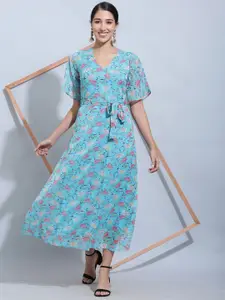 SQew V-Neck Floral Print Flared Sleeve Crepe Fit & Flare Midi Dress