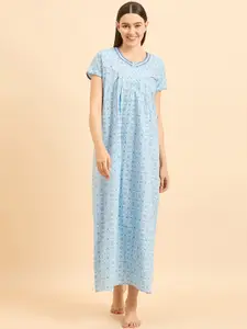 Sweet Dreams Navy Blue Printed Pure Cotton Maxi Nightdress