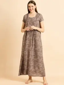 Sweet Dreams Brown Ethnic Motifs Printed Pure Cotton Maxi Nightdress