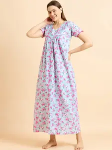 Sweet Dreams Blue Pure Cotton Printed Maxi Nightdress