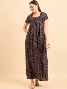 Sweet Dreams Navy Blue Floral Printed Pure Cotton Maxi Nightdress