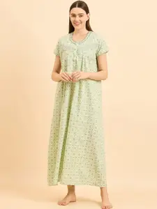 Sweet Dreams Green Pure Cotton Printed Maxi Nightdress