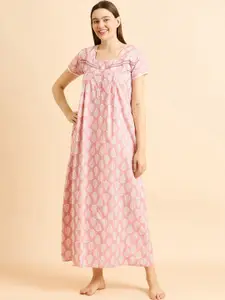 Sweet Dreams Peach-Coloured Floral Printed Pure Cotton Maxi Nightdress