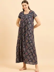 Sweet Dreams Blue Floral Printed Pure Cotton Maxi Nightdress