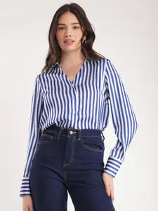 FableStreet Striped Satin Casual Shirt