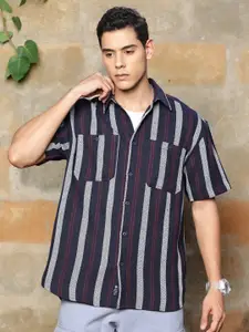 The Roadster Lifestyle Co. Navy Blue & Grey Striped Oversized-Fit Pure Cotton Casual Shirt