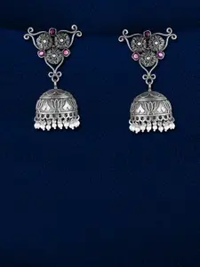 Adwitiya Collection Silver-Plated Stone-Studded & Beaded Brass Dome Shaped Jhumkas