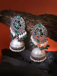 Adwitiya Collection Silver-Plated Stone-Studded & Pearl Beaded Brass Dome Shaped Jhumkas