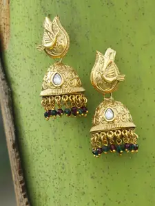 Adwitiya Collection 24 CT Gold-Plated Stone-Studded & Beaded Peacock Shaped Jhumkas