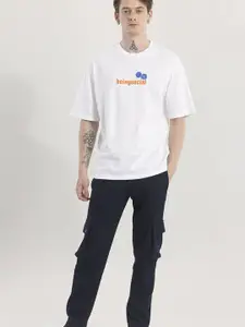 Snitch White Typography Printed Oversized Cotton T-shirt