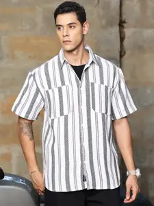 The Roadster Lifestyle Co. White & Black Striped Oversized-Fit Pure Cotton Casual Shirt