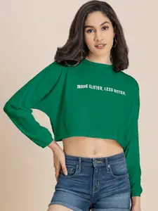 Moomaya Typography Printed Cuffed Sleeves Pure Cotton Boxy Crop Top