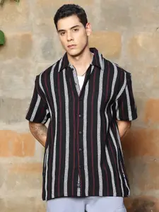 The Roadster Lifestyle Co. Black & Grey Striped Oversized-Fit Pure Cotton Casual Shirt