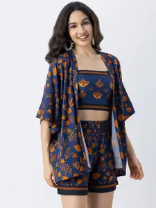 Moomaya Floral Printed Shoulder Straps Top & Shrug With Shorts