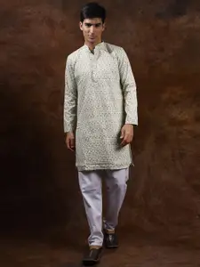 Exotic India Men Floral Embroidered Regular Thread Work Pure Cotton Kurta with Pyjamas
