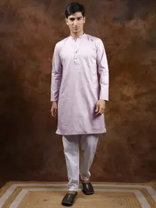 Exotic India Self Design Mandarin Collar Knee Length Pure Cotton Kurta with Pyjamas