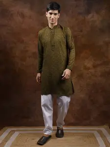 Exotic India Men Embroidered Regular Sequinned Pure Cotton Kurta with Pyjamas