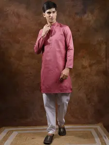 Exotic India Solid Mandarin Collar Knee Length Pure Cotton Kurta with Pyjamas