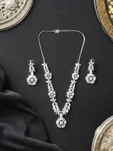 Niscka Rhodium Plated American Diamond-Studded Necklace And Earrings