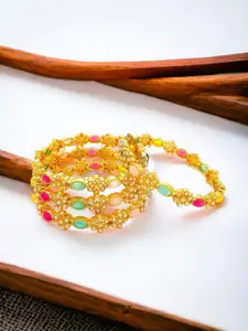 FEMMIBELLA 4-Pcs Gold-Plated Pearls Studded Bangles