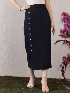 Berrylush Navy Blue Straight Pure Cotton Midi Skirt