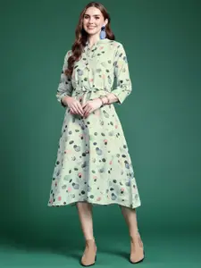 Anouk Geometric Print Cotton Silk  A-Line Midi Casual Dress Comes With A Belt