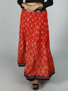 Exotic India Ethnic Printed Pure Cotton Flared Tiered Maxi Skirt