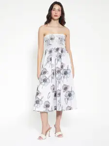 RAREISM Off Shoulder Floral Printed Cotton Fit & Flare Midi Dress