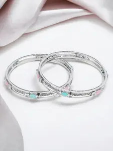 FEMMIBELLA Set Of 2 Silver-Plated CZ & Stones-Studded Bangles