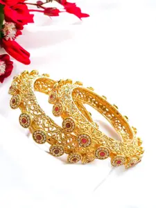 FEMMIBELLA Set Of 2 Gold Plated Stone Studded & Beaded Bangles